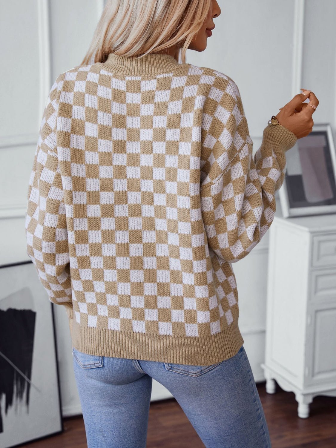 Checkered V - Neck Dropped Shoulder Sweater - Loulou Boutique