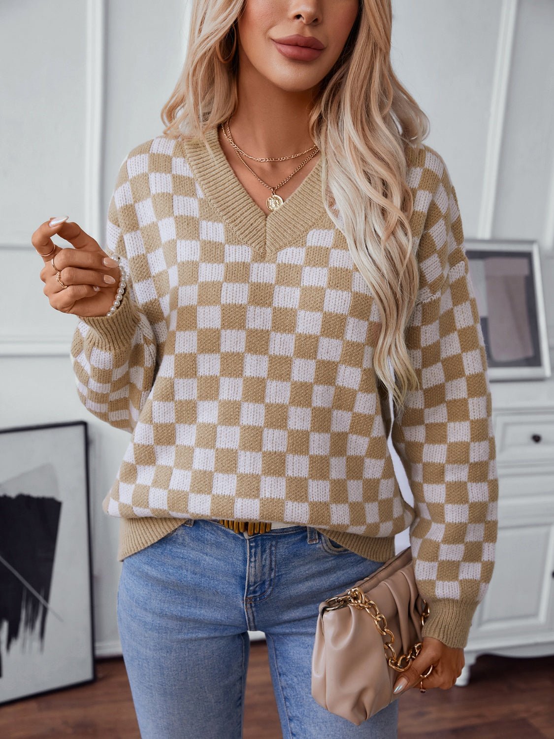 Checkered V - Neck Dropped Shoulder Sweater - Loulou Boutique