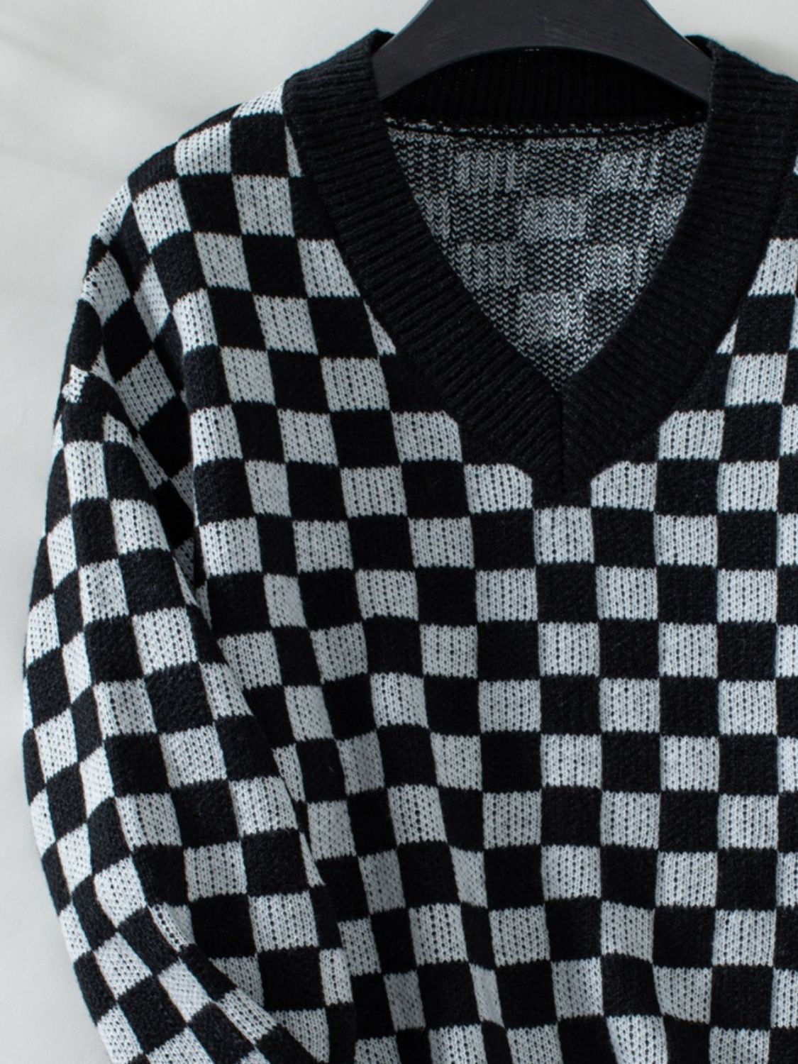 Checkered V - Neck Dropped Shoulder Sweater - Loulou Boutique