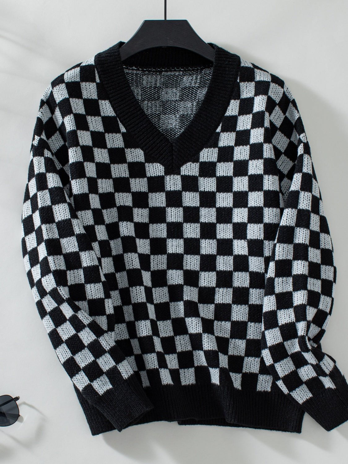 Checkered V - Neck Dropped Shoulder Sweater - Loulou Boutique