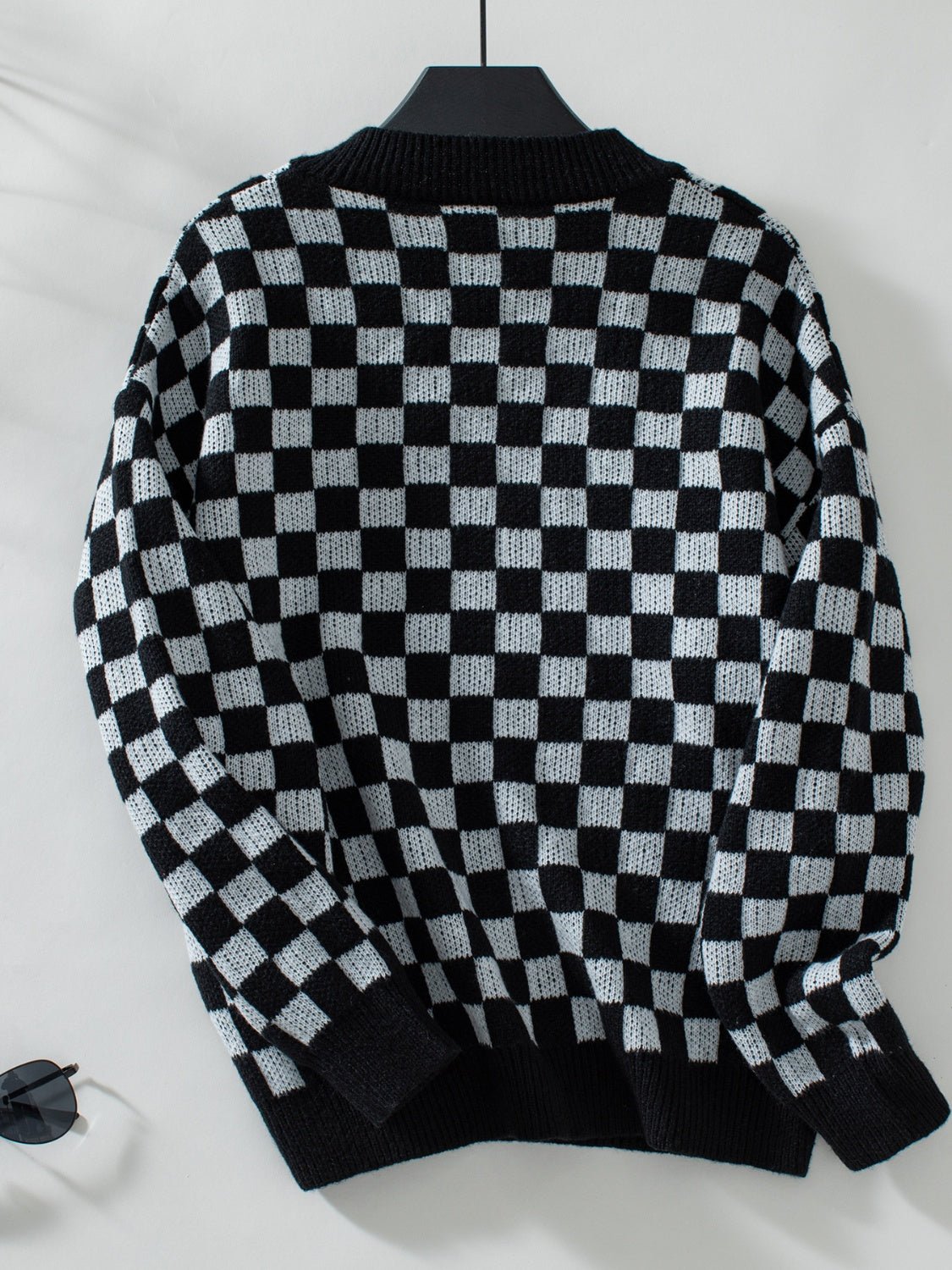 Checkered V - Neck Dropped Shoulder Sweater - Loulou Boutique