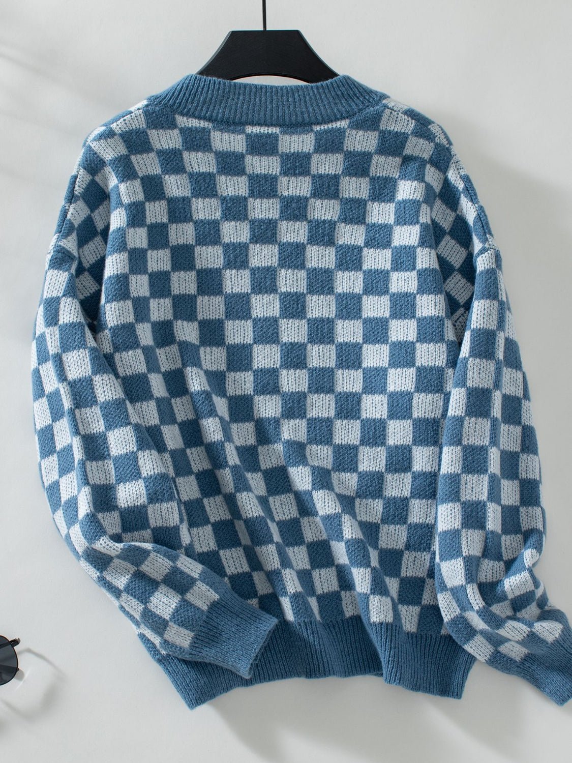 Checkered V - Neck Dropped Shoulder Sweater - Loulou Boutique