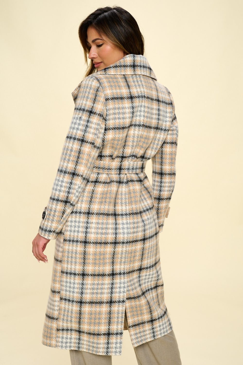Coalition LA Double - Breasted Plaid Coat with Belt - Loulou Boutique