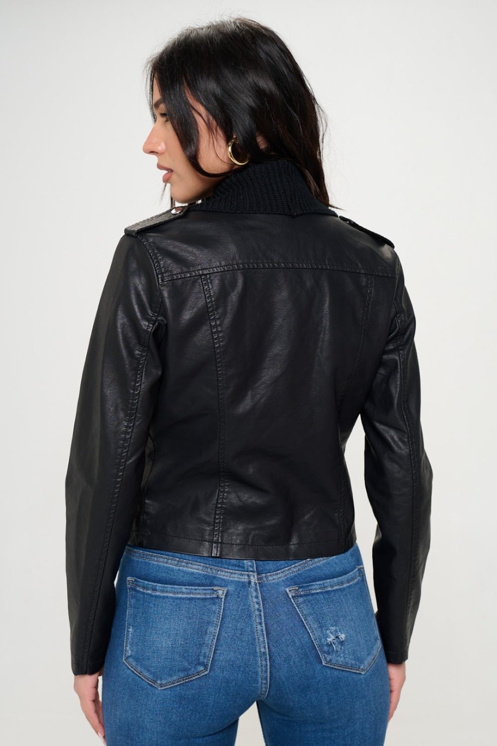 Coalition LA Knit Collared Faux Leather Crop Jacket - Loulou Boutique