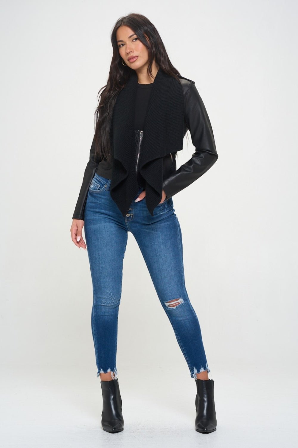 Coalition LA Knit Collared Faux Leather Crop Jacket - Loulou Boutique