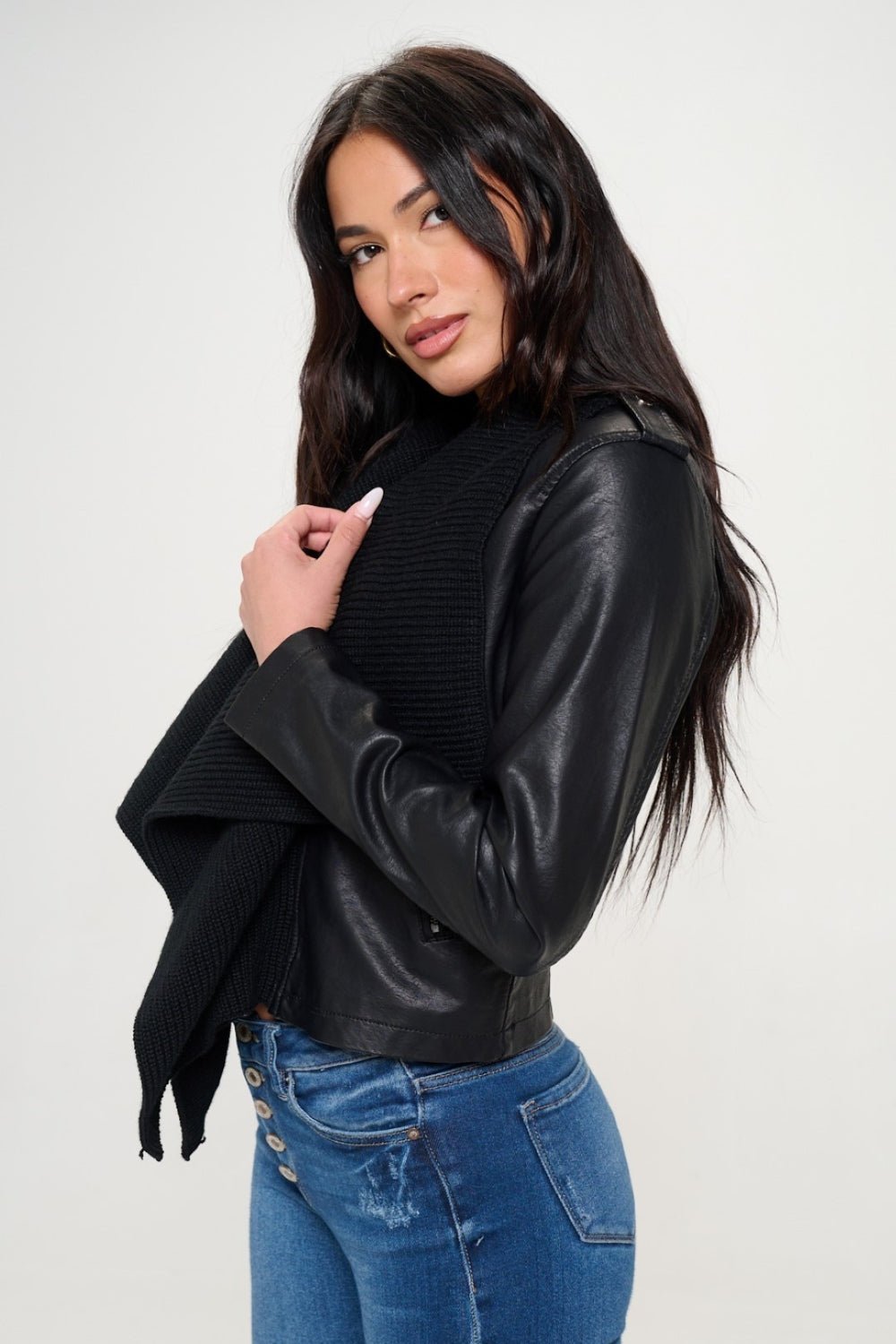 Coalition LA Knit Collared Faux Leather Crop Jacket - Loulou Boutique