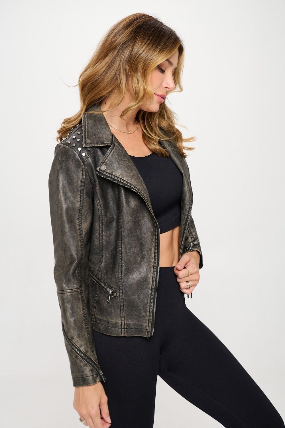 Coalition LA Studded Classic Moto Faux Leather Jacket - Loulou Boutique