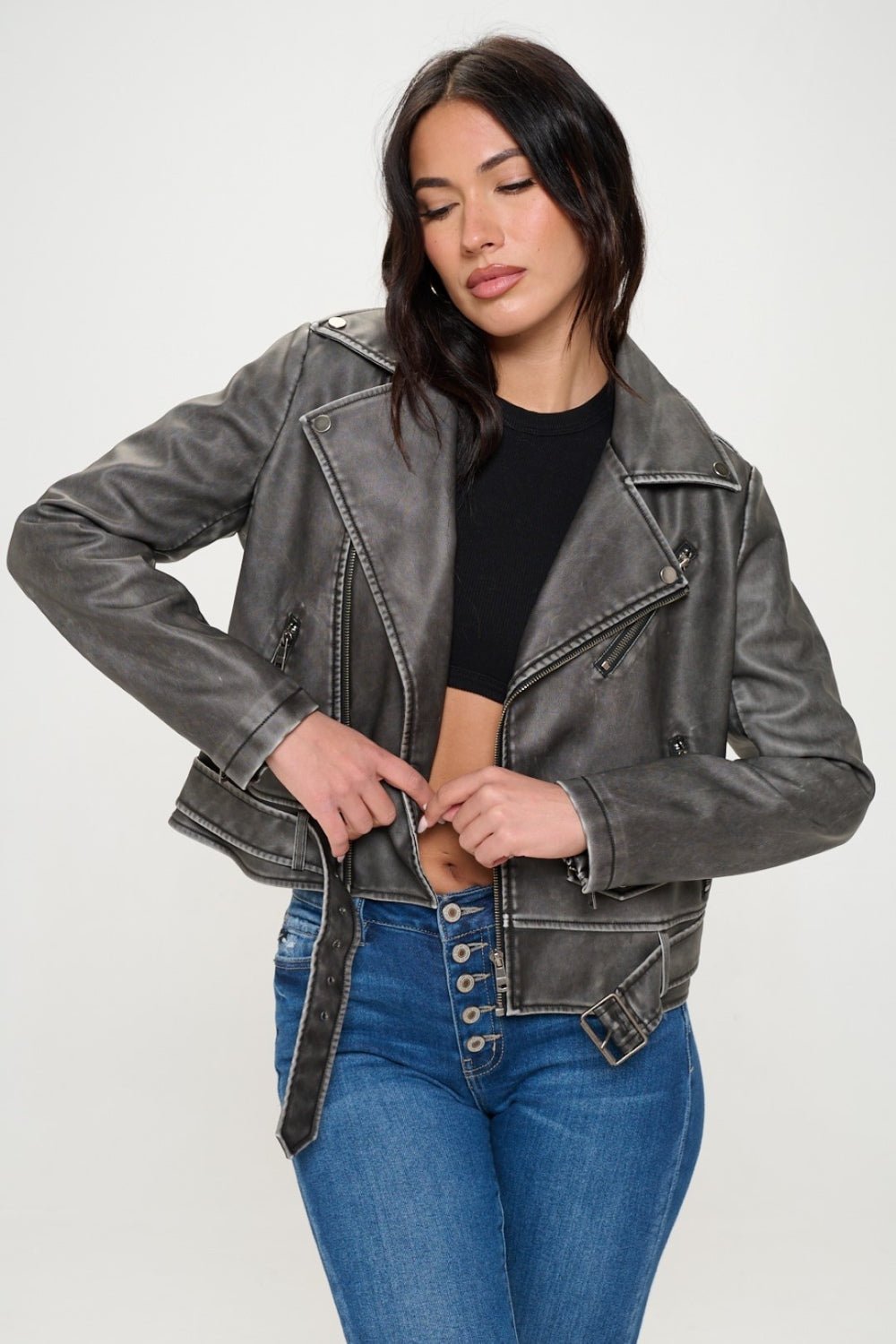 Coalition LA Zip Up Biker Jacket with Belt - Loulou Boutique