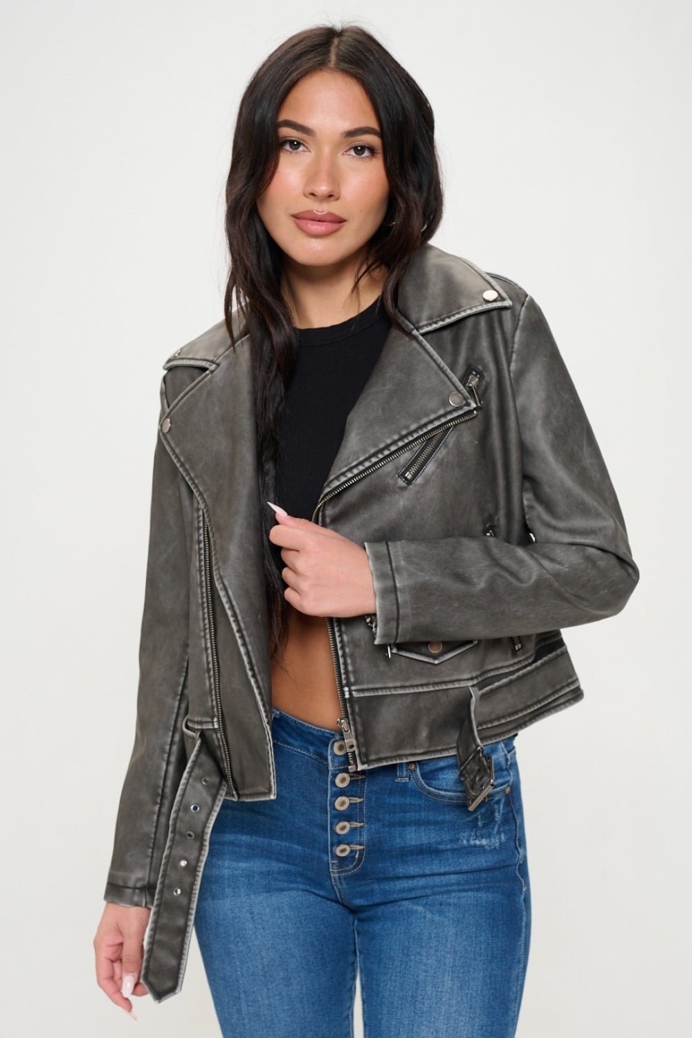 Coalition LA Zip Up Biker Jacket with Belt - Loulou Boutique
