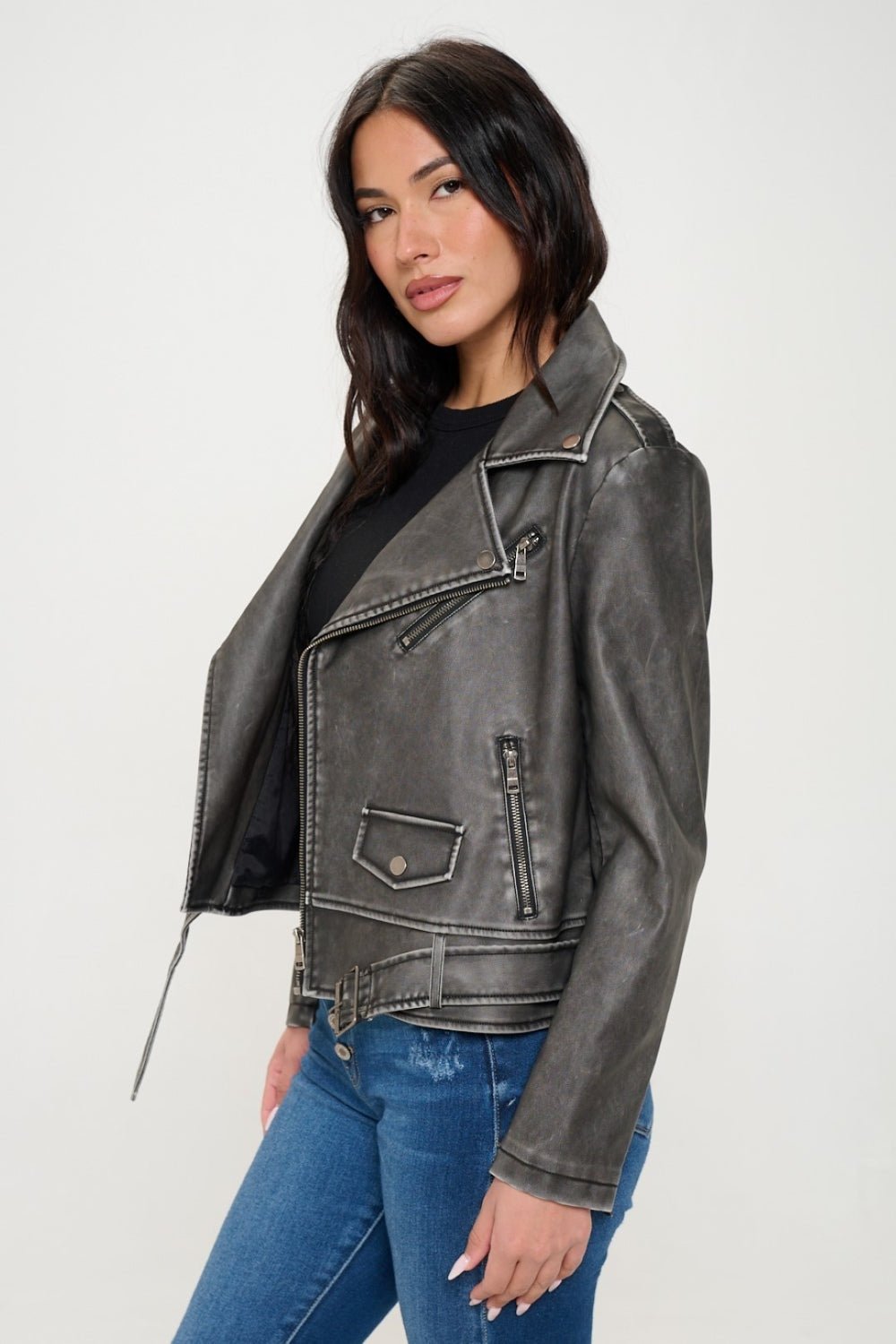 Coalition LA Zip Up Biker Jacket with Belt - Loulou Boutique