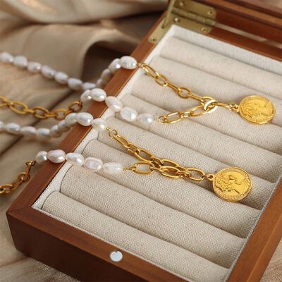 Coin pendant Pearl Titanium Steel Necklace - Loulou Boutique