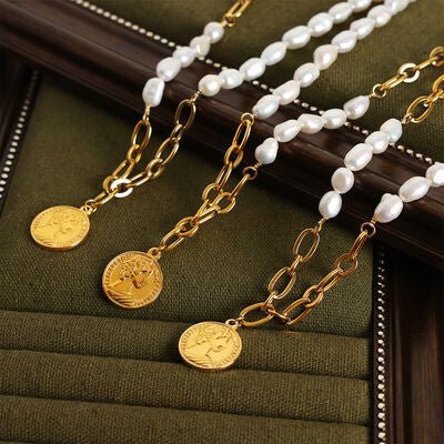 Coin pendant Pearl Titanium Steel Necklace - Loulou Boutique