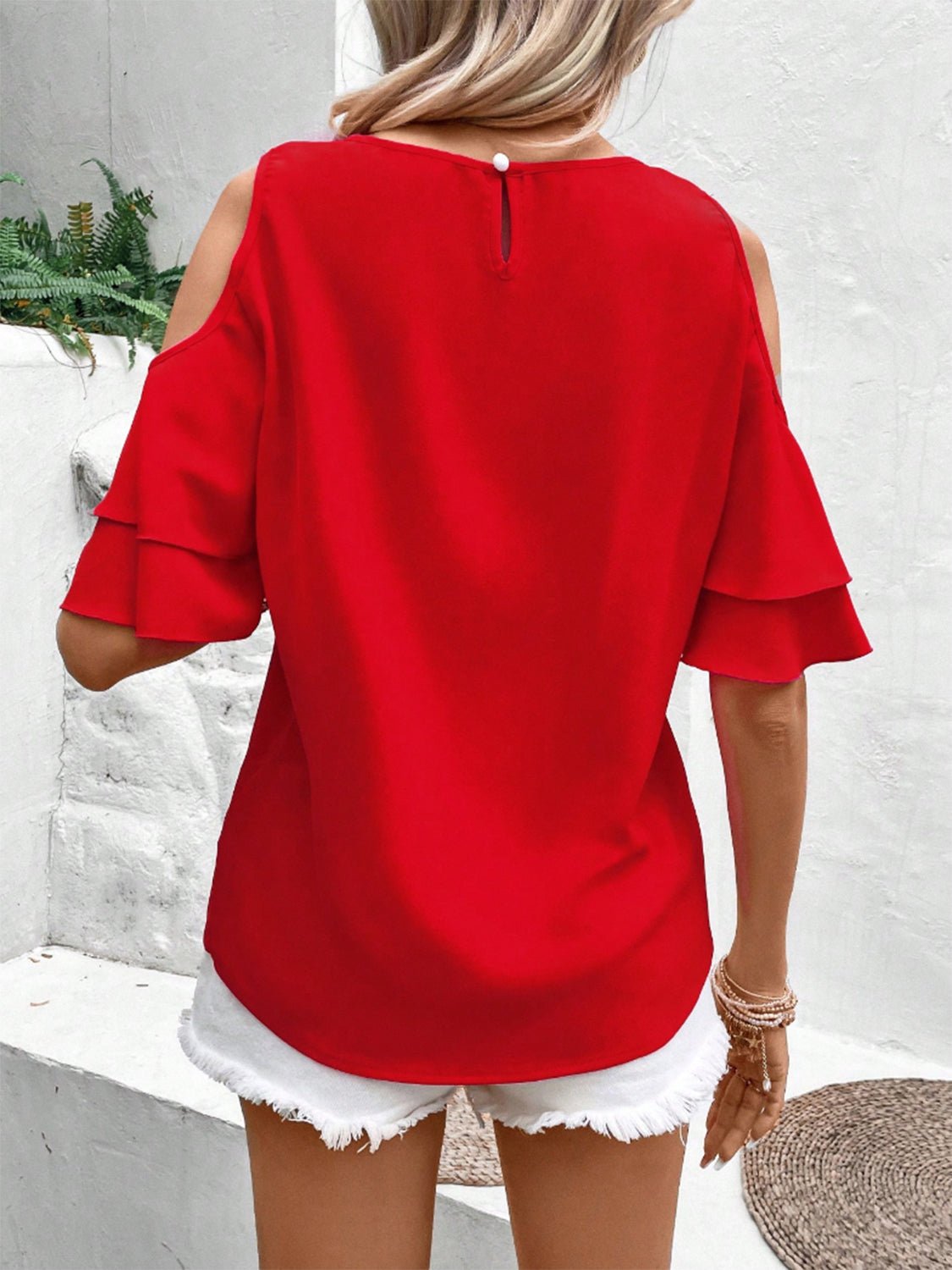 Cold Shoulder Flounce Sleeve Blouse - Loulou Boutique