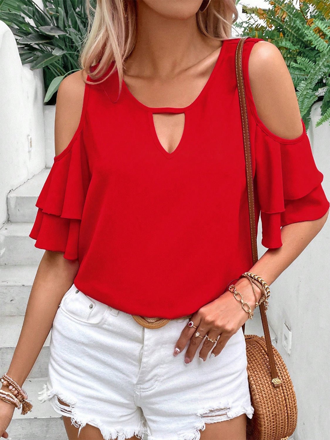 Cold Shoulder Flounce Sleeve Blouse - Loulou Boutique