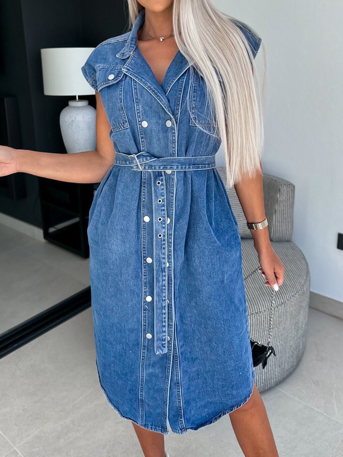 Collared Neck Cap Sleeve Denim Dress - Loulou Boutique
