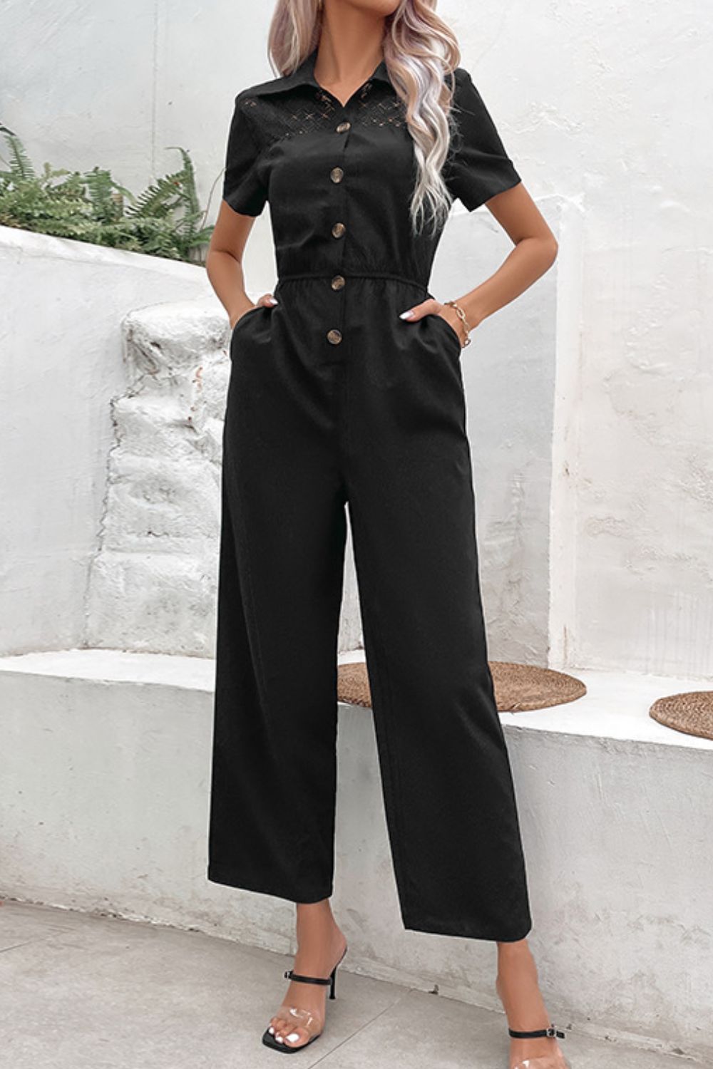Collared Neck Short Sleeve Jumpsuit - Loulou Boutique