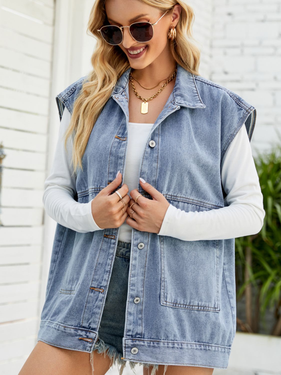 Collared Neck Sleeveless Denim Top with Pockets - Loulou Boutique