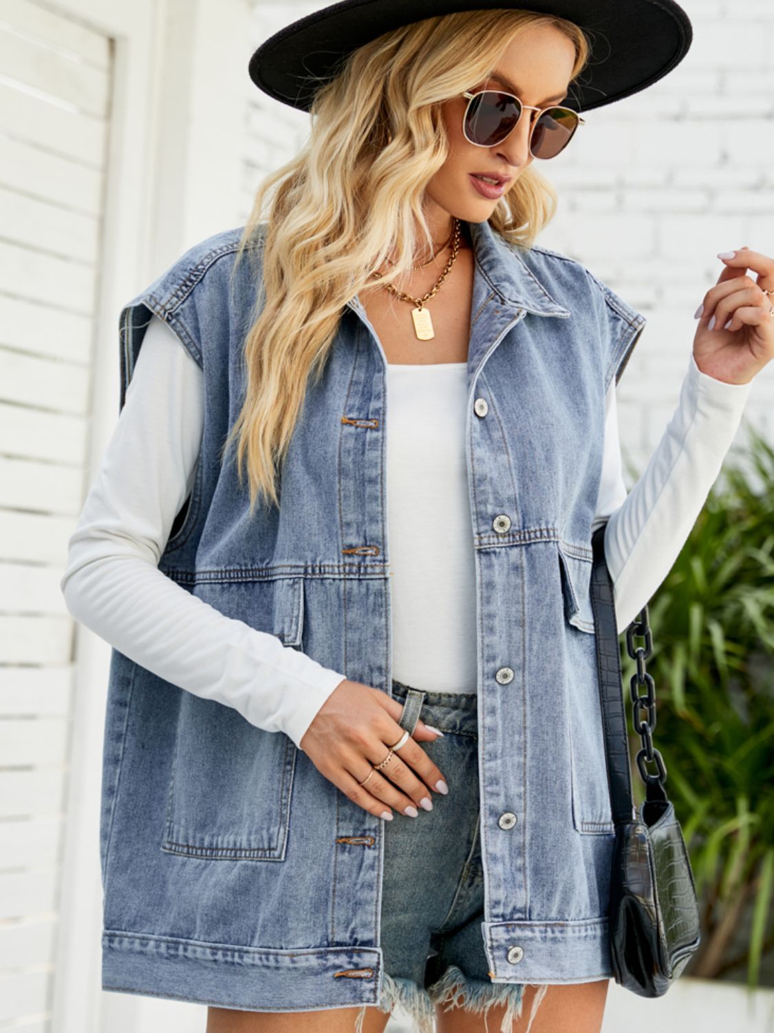 Collared Neck Sleeveless Denim Top with Pockets - Loulou Boutique