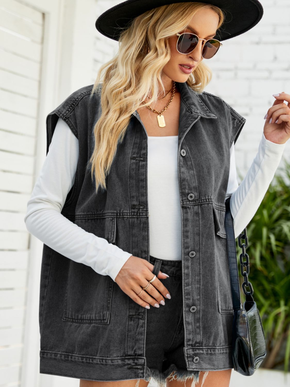 Collared Neck Sleeveless Denim Top with Pockets - Loulou Boutique