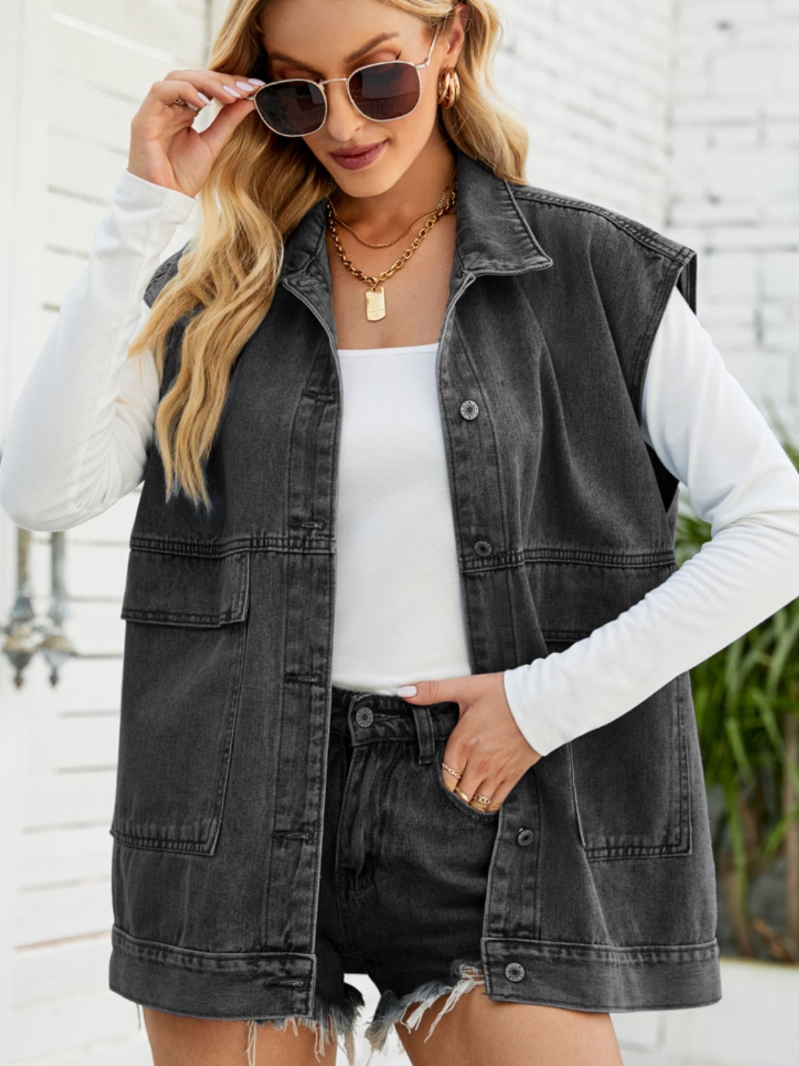Collared Neck Sleeveless Denim Top with Pockets - Loulou Boutique