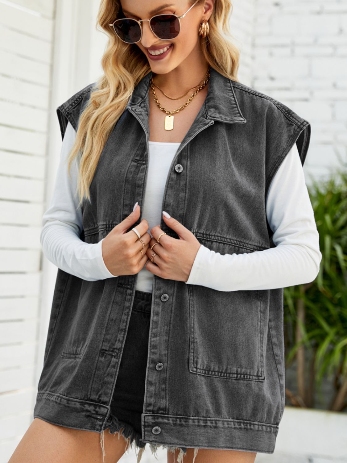 Collared Neck Sleeveless Denim Top with Pockets - Loulou Boutique