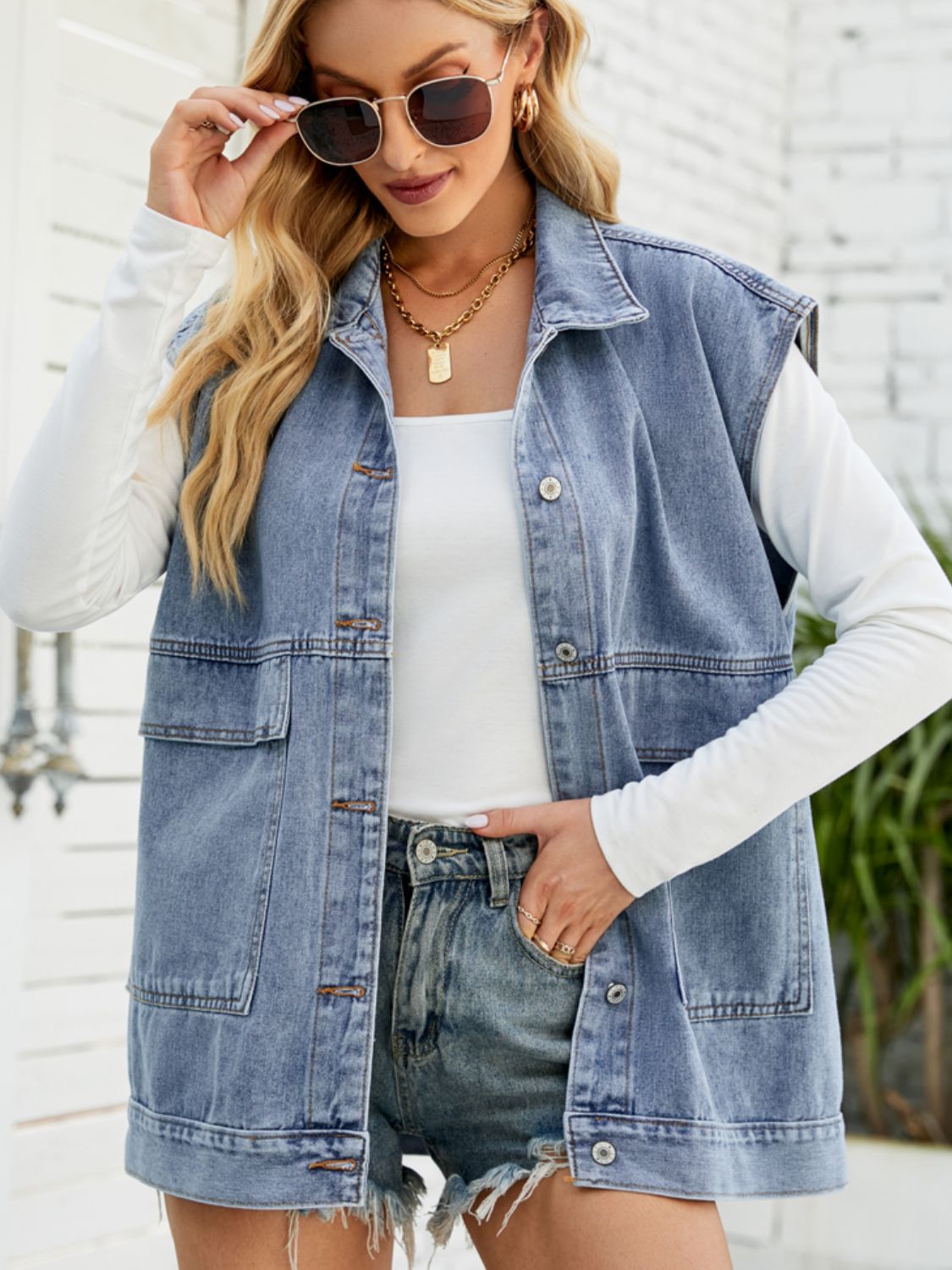 Collared Neck Sleeveless Denim Top with Pockets - Loulou Boutique