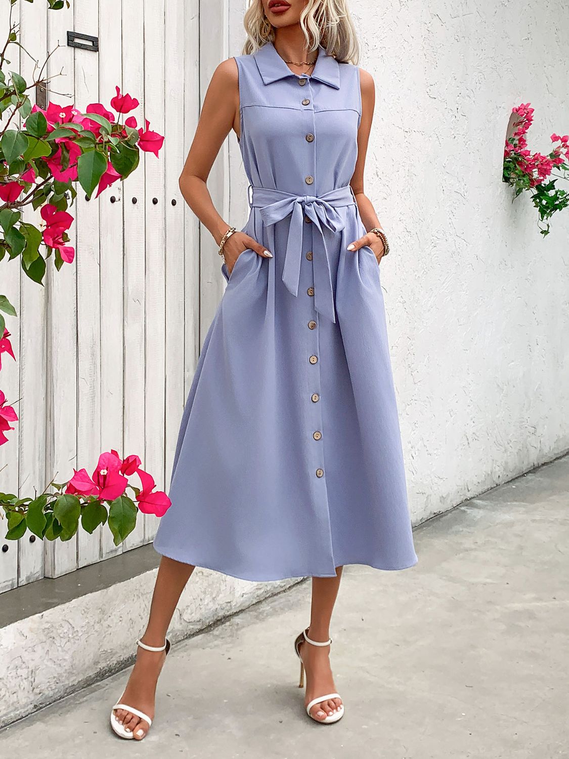Collared Neck Sleeveless Dress - Loulou Boutique