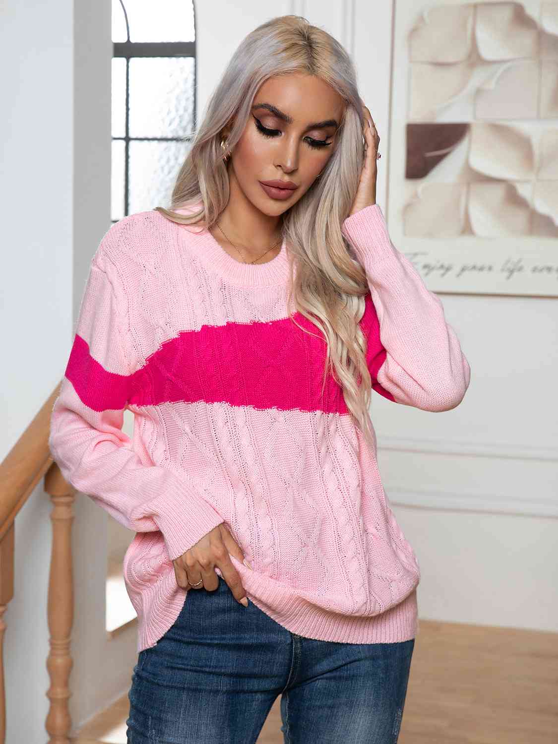 Color Block Cable - Knit Round Neck Sweater - Loulou Boutique