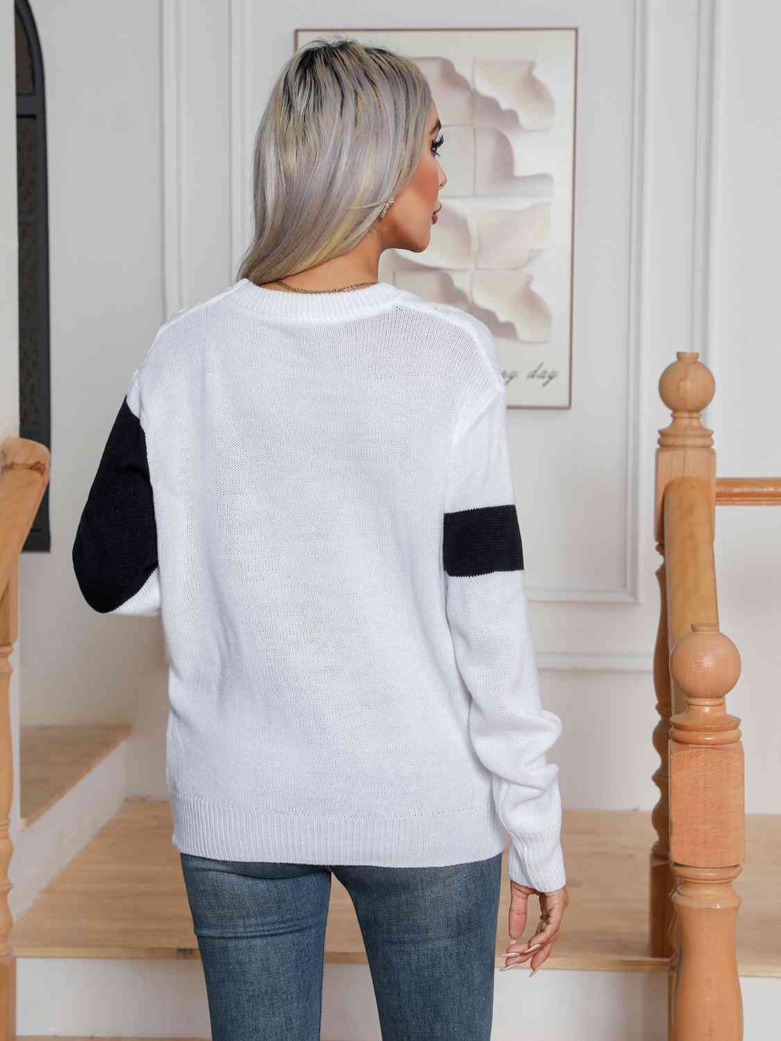 Color Block Cable - Knit Round Neck Sweater - Loulou Boutique
