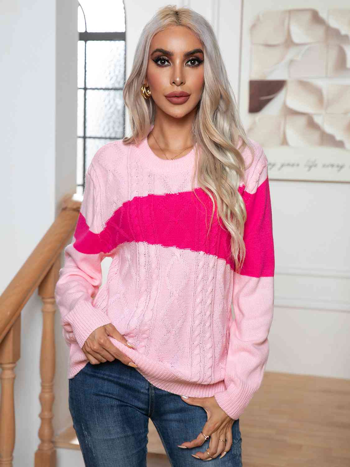 Color Block Cable - Knit Round Neck Sweater - Loulou Boutique