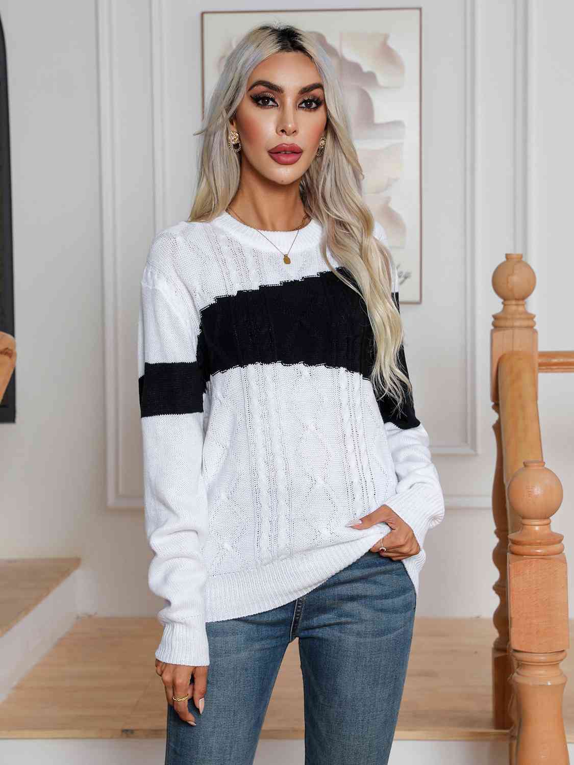 Color Block Cable - Knit Round Neck Sweater - Loulou Boutique