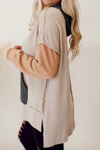Color Block Exposed Seam Dropped Shoulder Hoodie - Loulou Boutique