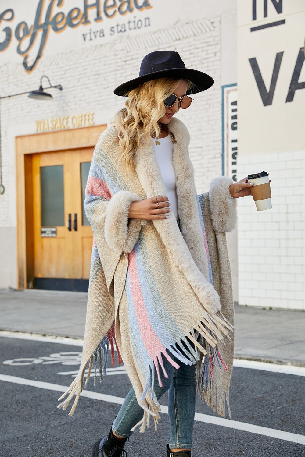 Color Block Fringe Detail Poncho - Loulou Boutique