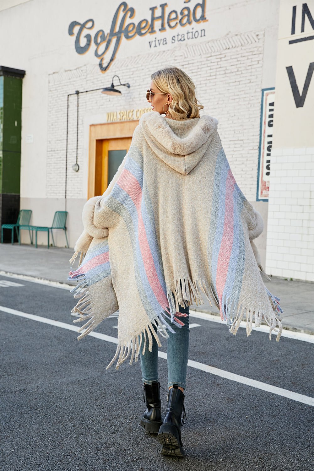 Color Block Fringe Detail Poncho - Loulou Boutique