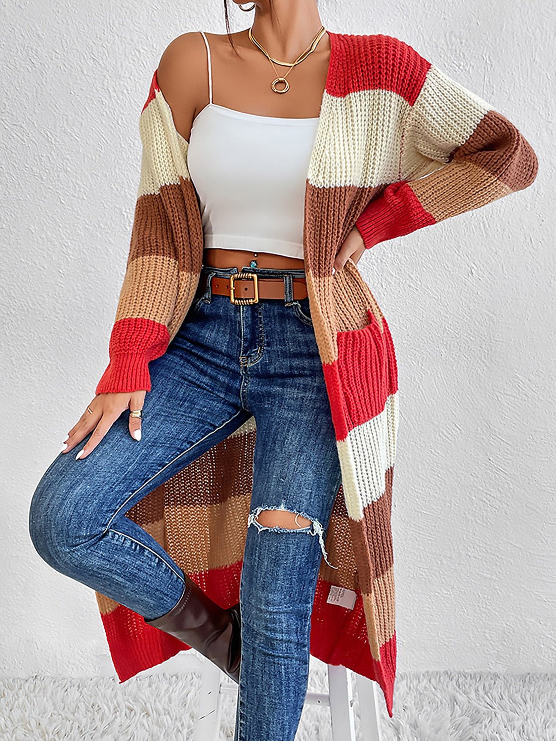 Color Block Open Front Longline Cardigan - Loulou Boutique