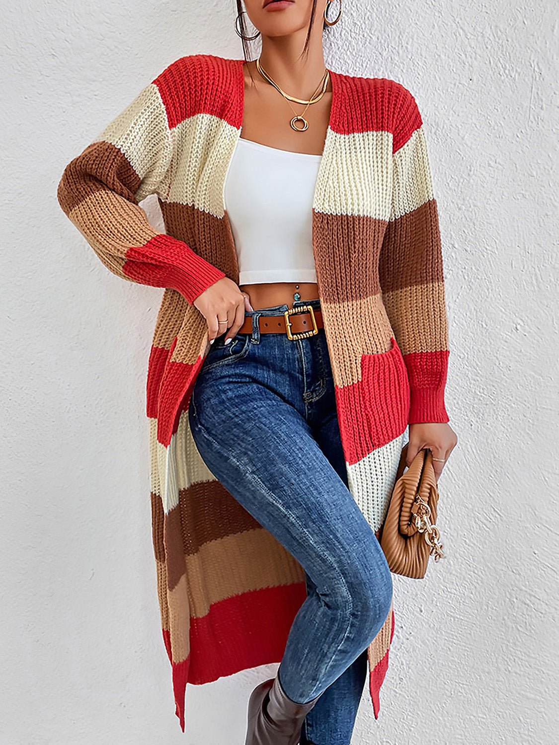 Color Block Open Front Longline Cardigan - Loulou Boutique