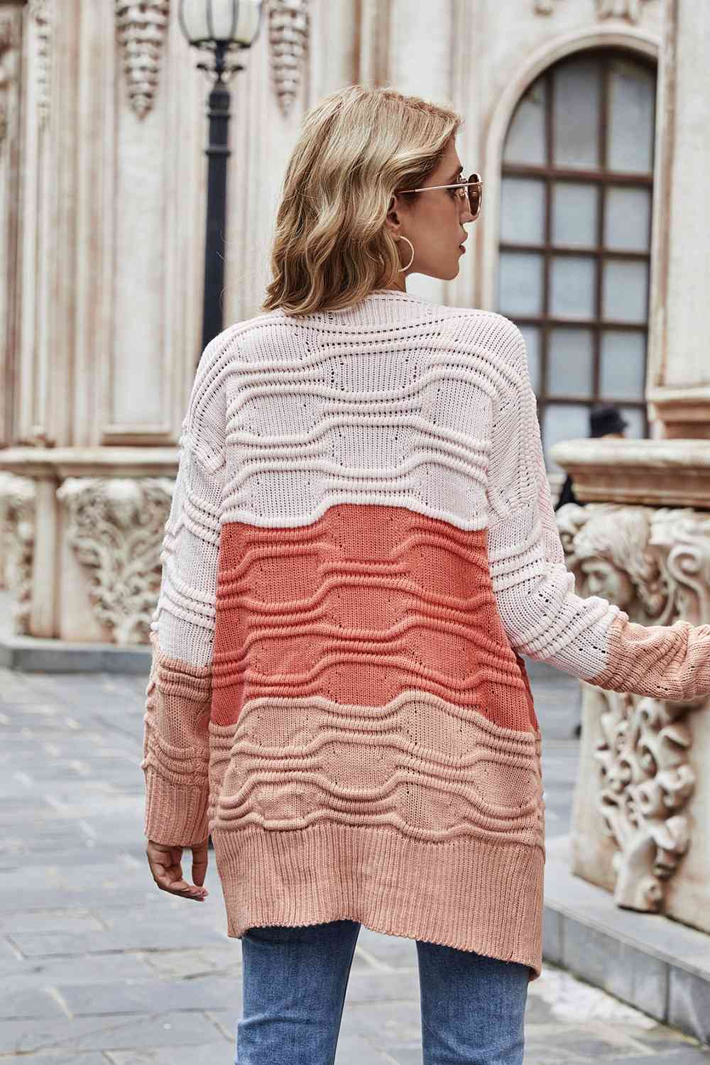 Color Block Openwork Open Front Cardigan - Loulou Boutique