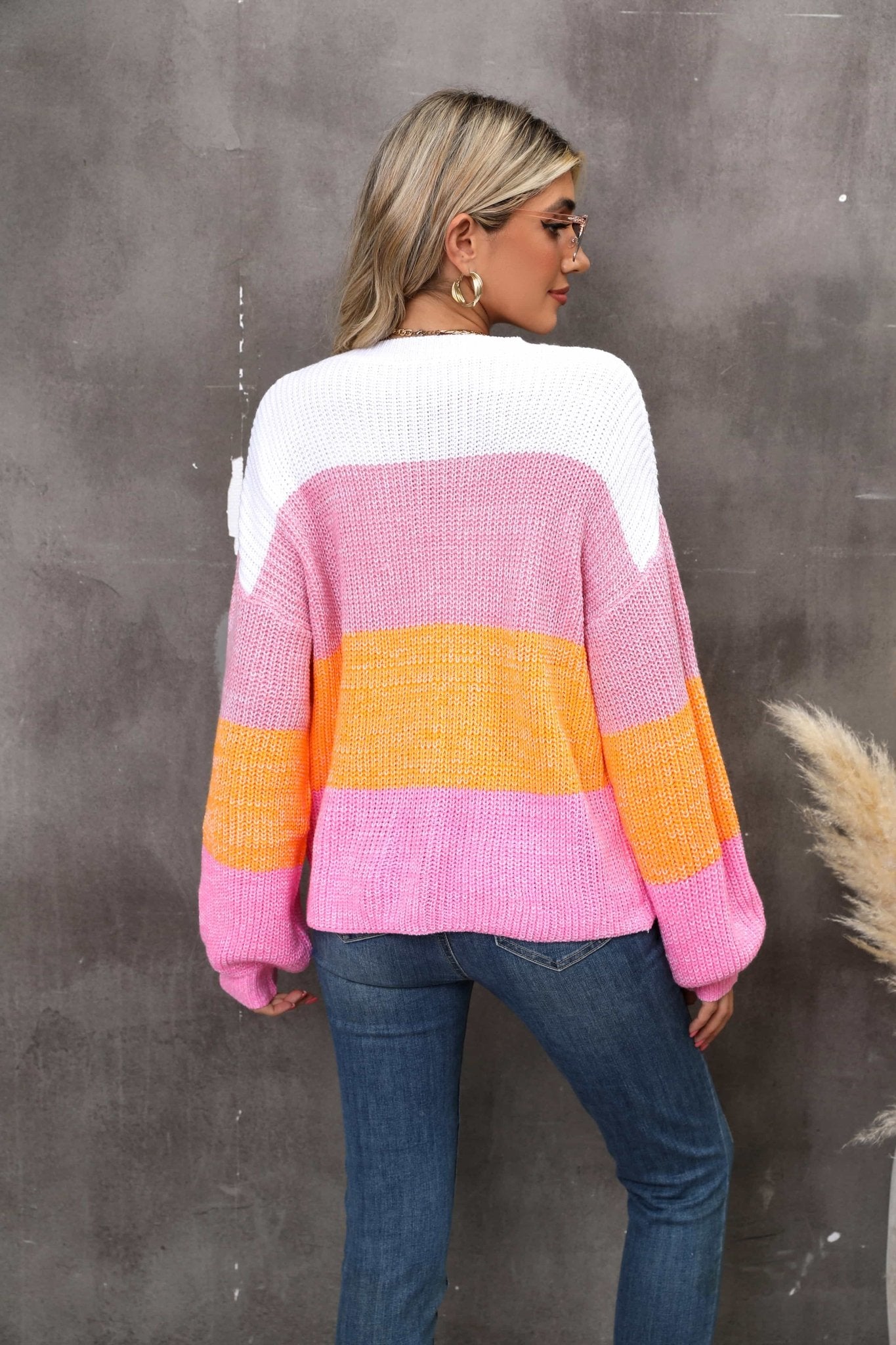 Color Block Round Neck Dropped Shoulder Sweater - Loulou Boutique
