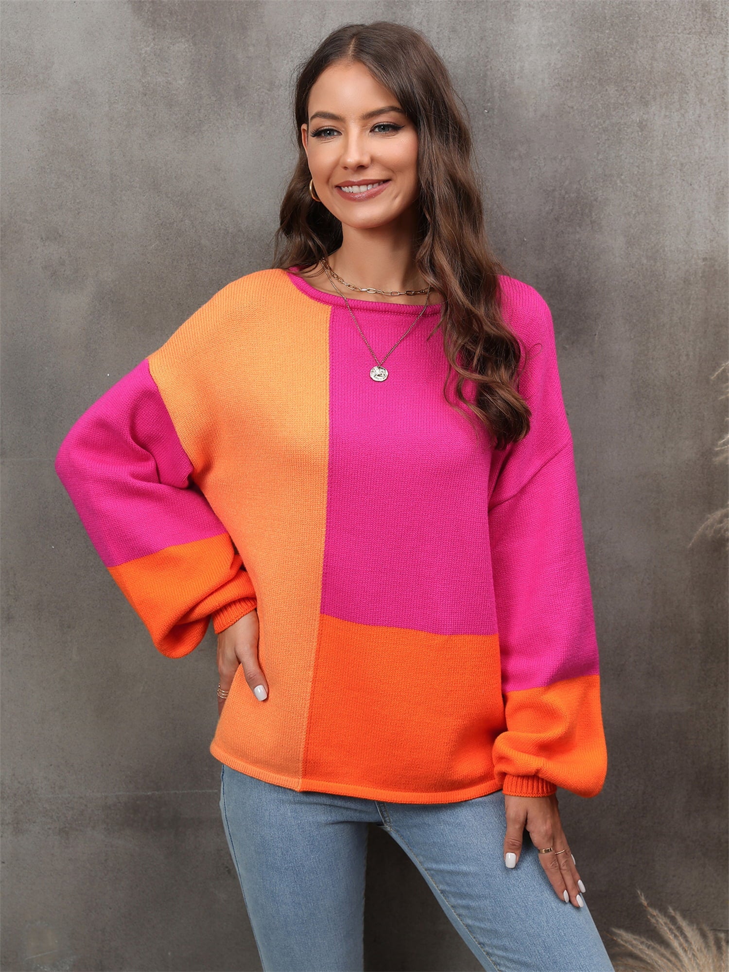 Color Block Round Neck Dropped Shoulder Sweater - Loulou Boutique