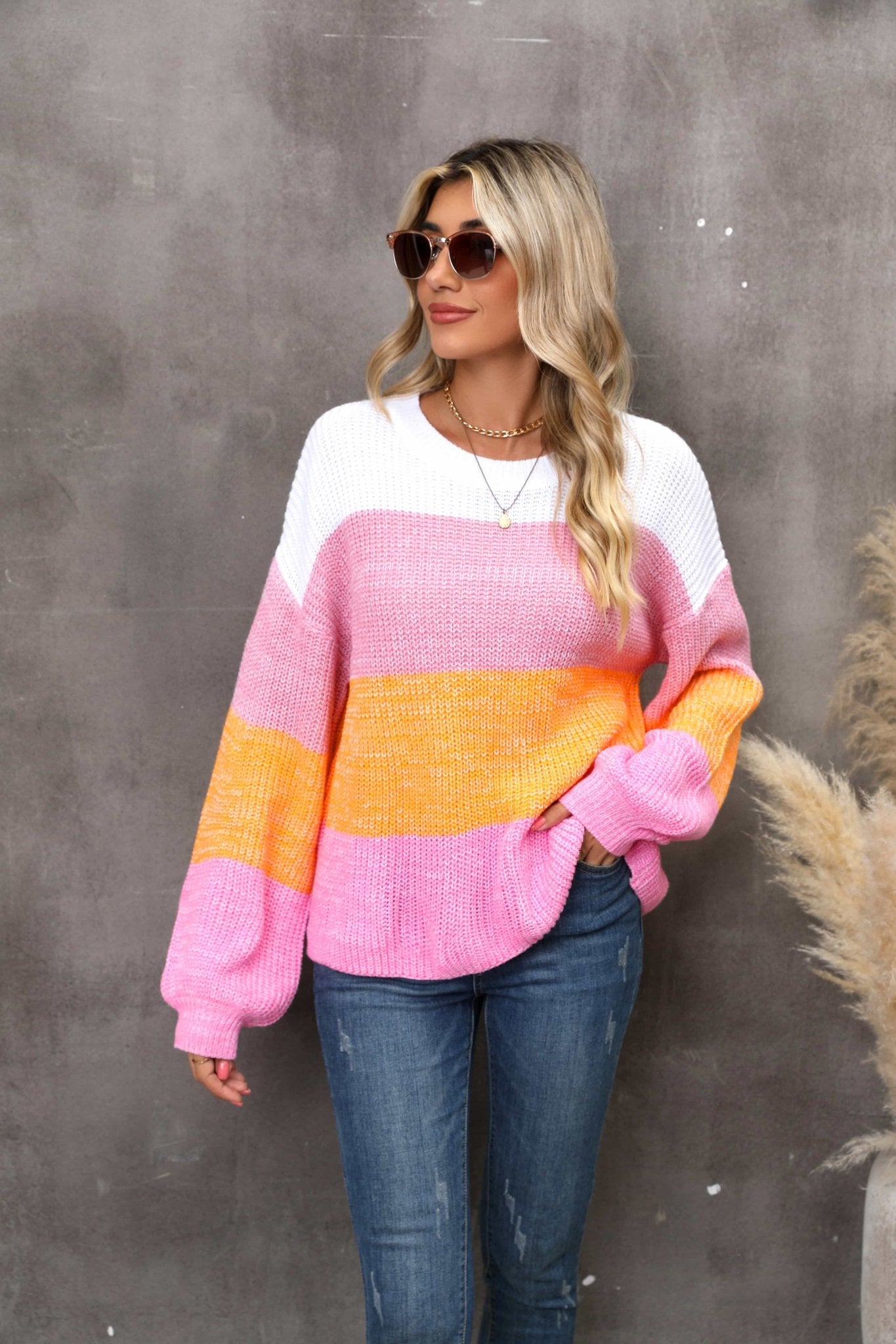 Color Block Round Neck Dropped Shoulder Sweater - Loulou Boutique