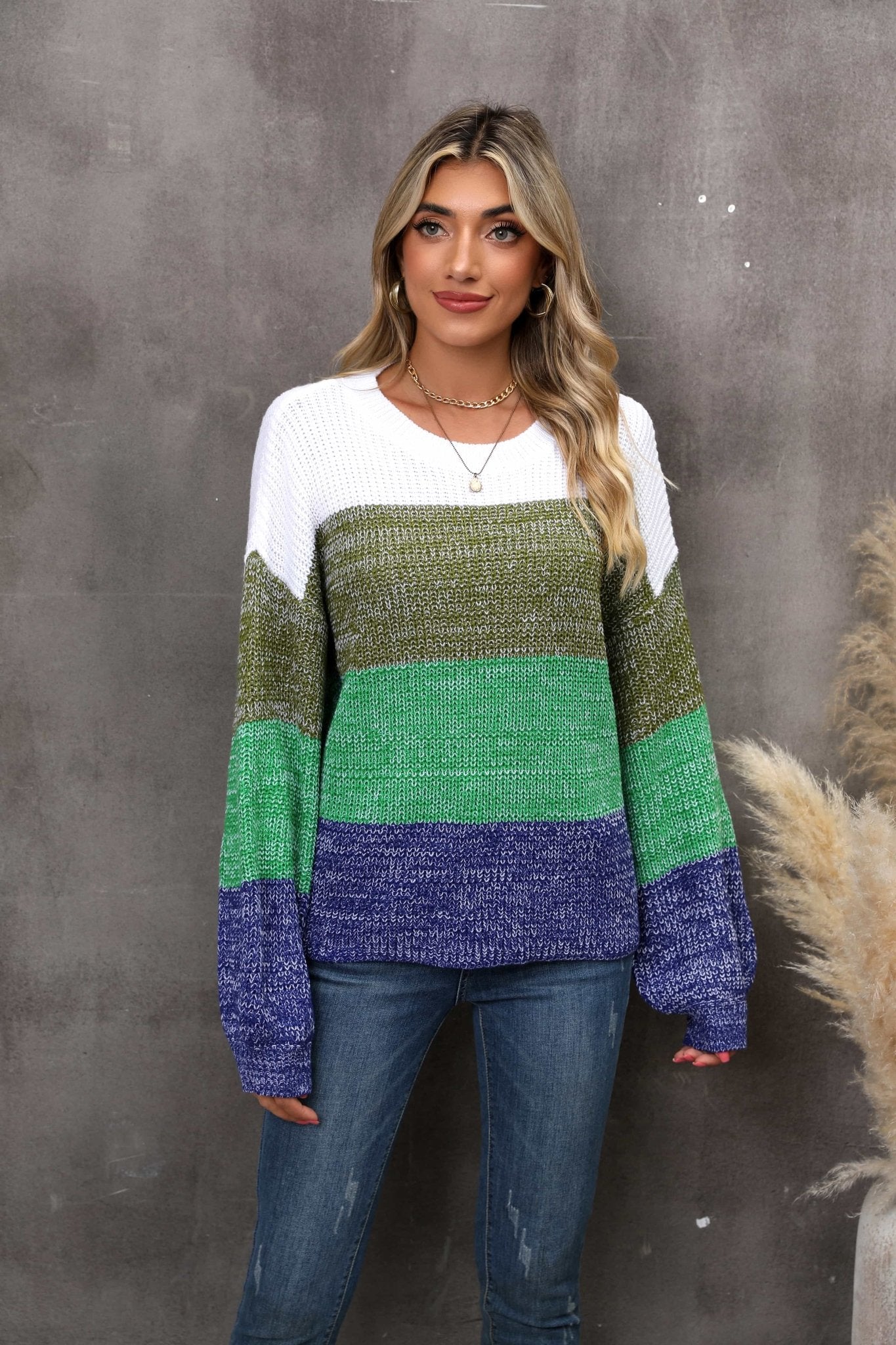 Color Block Round Neck Dropped Shoulder Sweater - Loulou Boutique