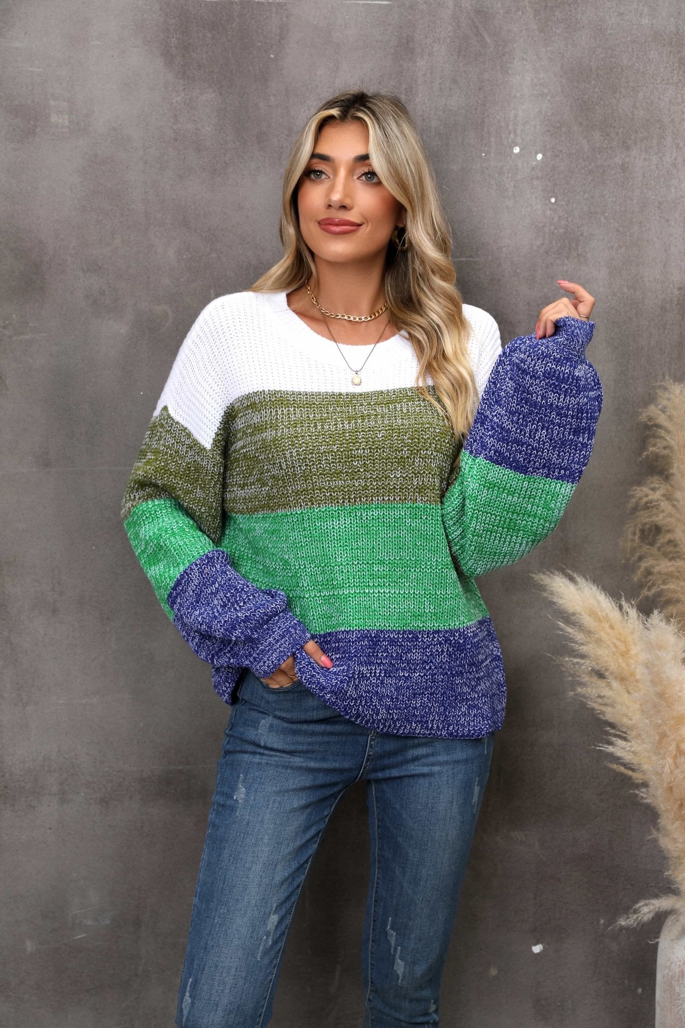 Color Block Round Neck Dropped Shoulder Sweater - Loulou Boutique