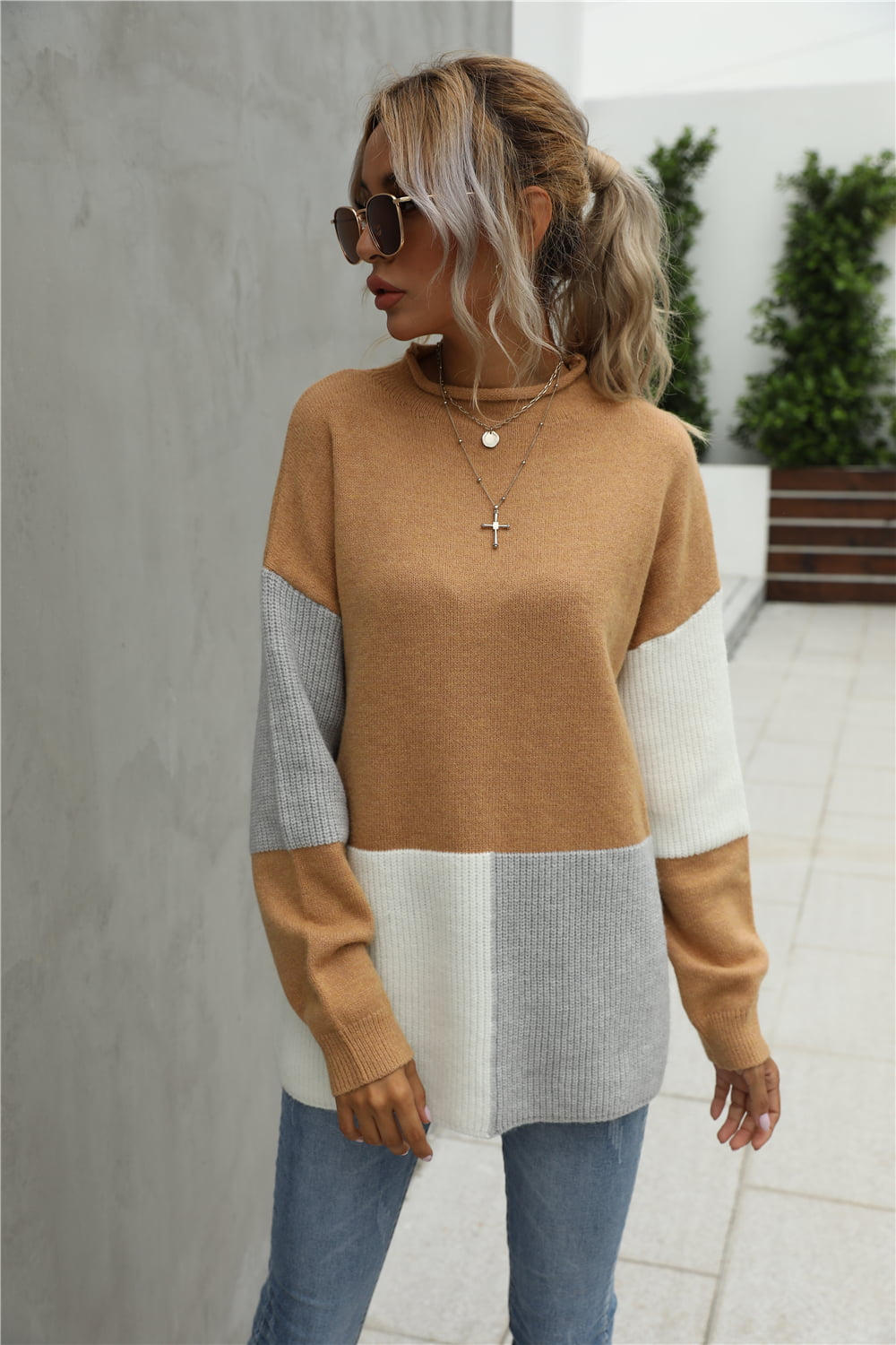 Color Block Round Neck Dropped Shoulder Sweater - Loulou Boutique