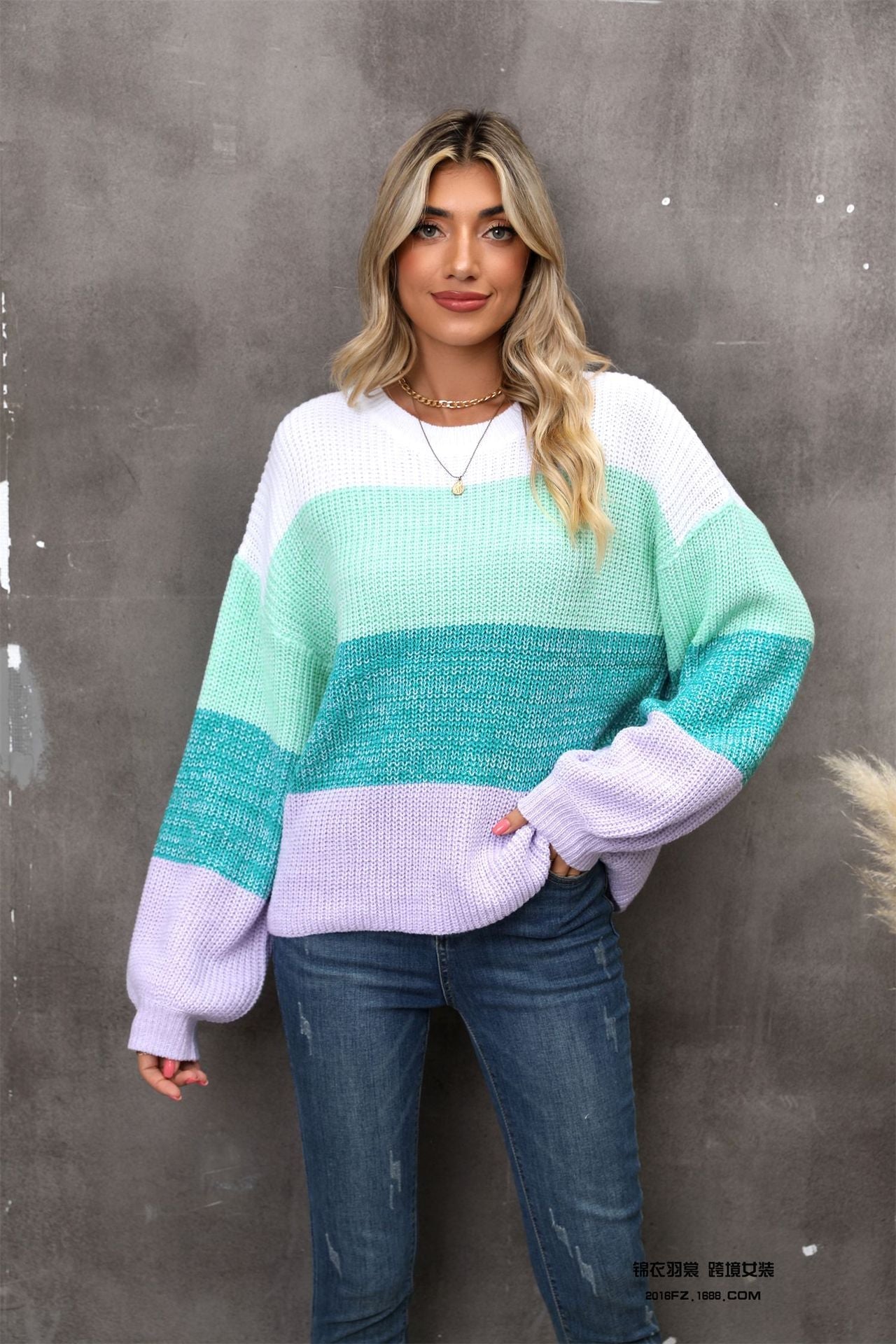 Color Block Round Neck Dropped Shoulder Sweater - Loulou Boutique
