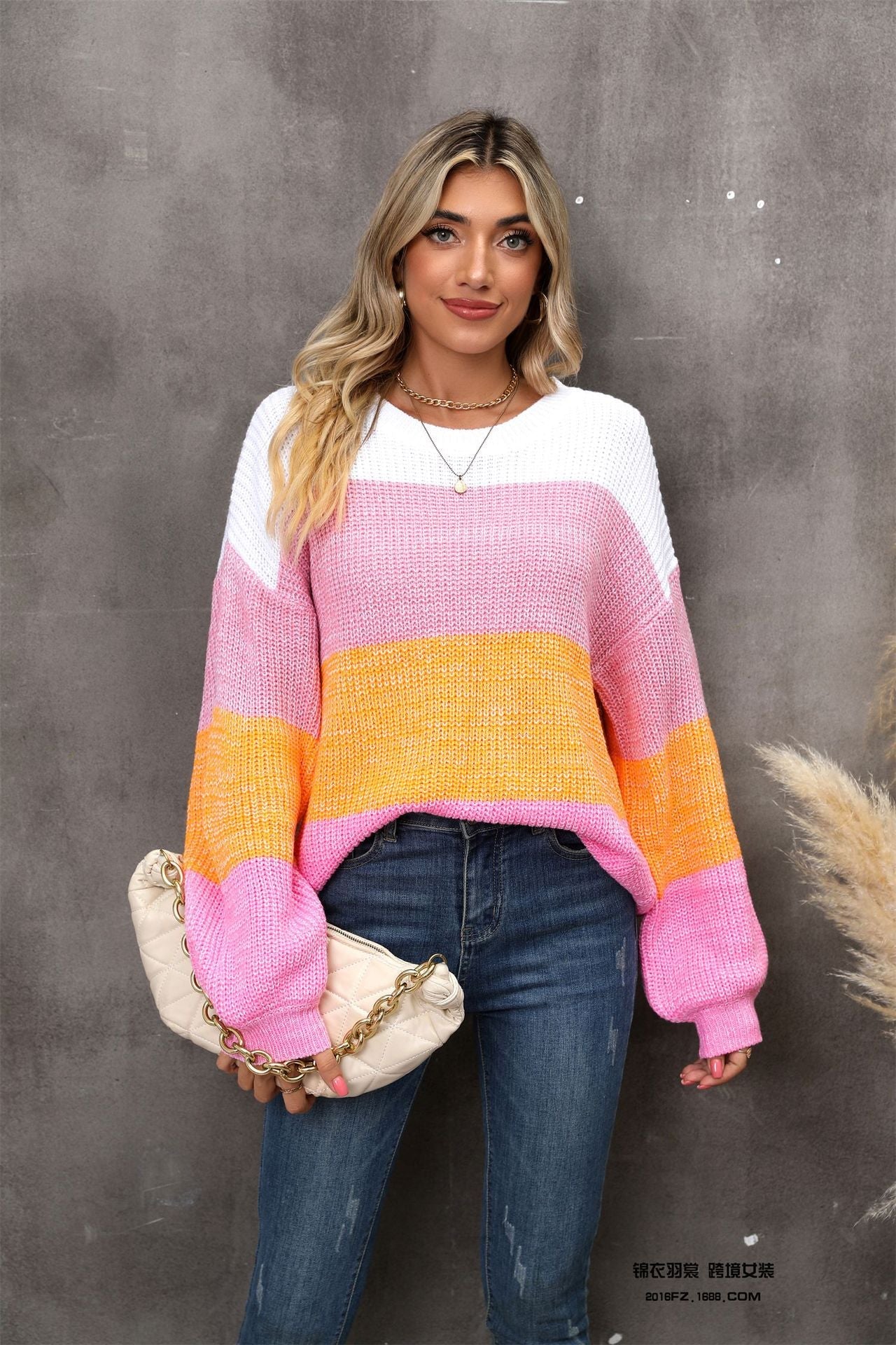 Color Block Round Neck Dropped Shoulder Sweater - Loulou Boutique