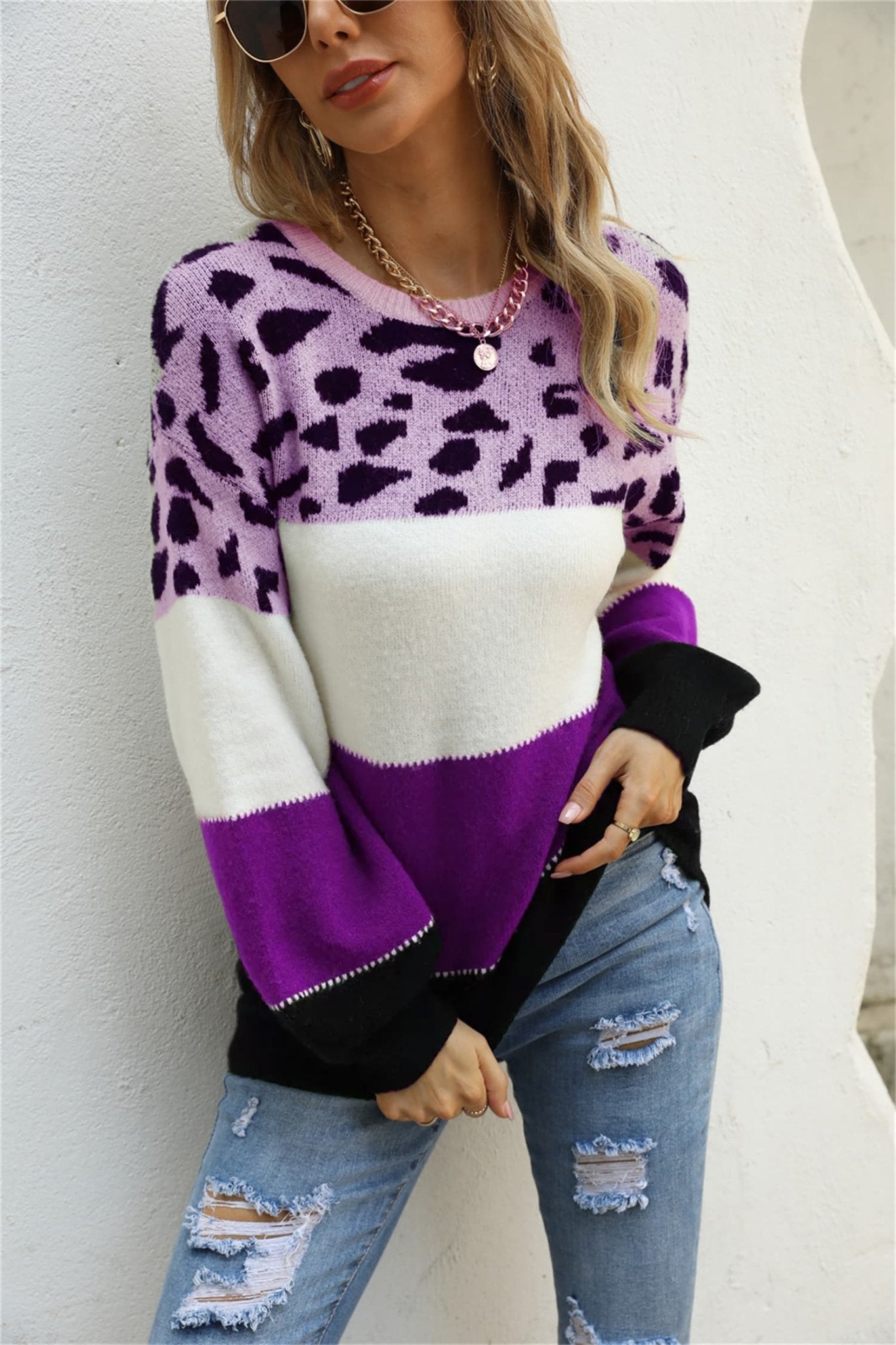 Color Block Round Neck Lantern Sleeve Sweater - Loulou Boutique