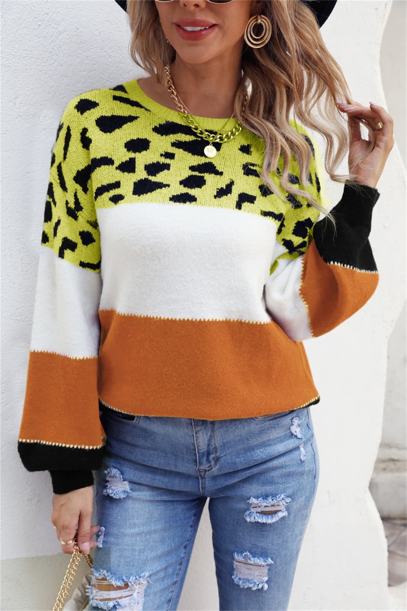 Color Block Round Neck Lantern Sleeve Sweater - Loulou Boutique