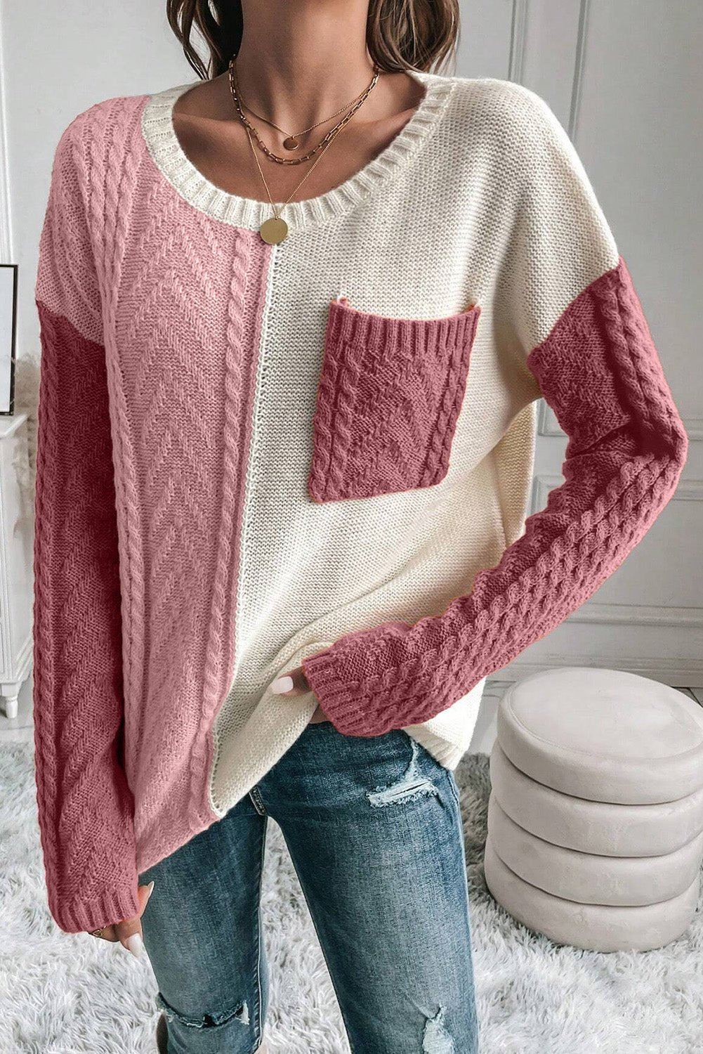 Color Block Round Neck Long Sleeve Sweater - Loulou Boutique