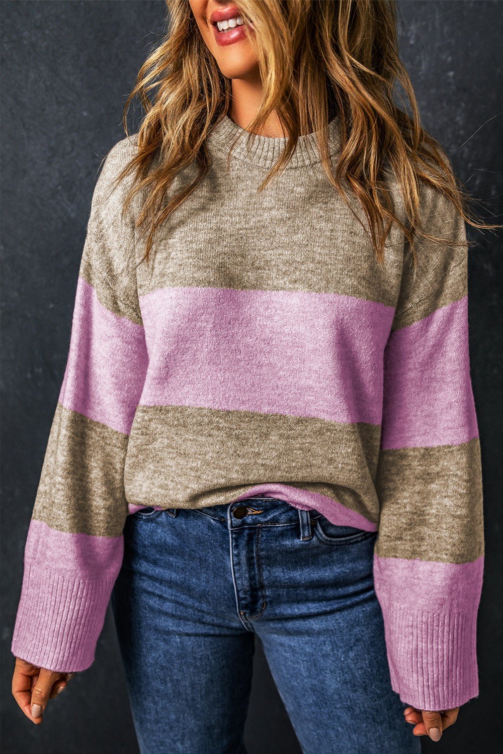 Color Block Round Neck Long Sleeve Sweater - Loulou Boutique
