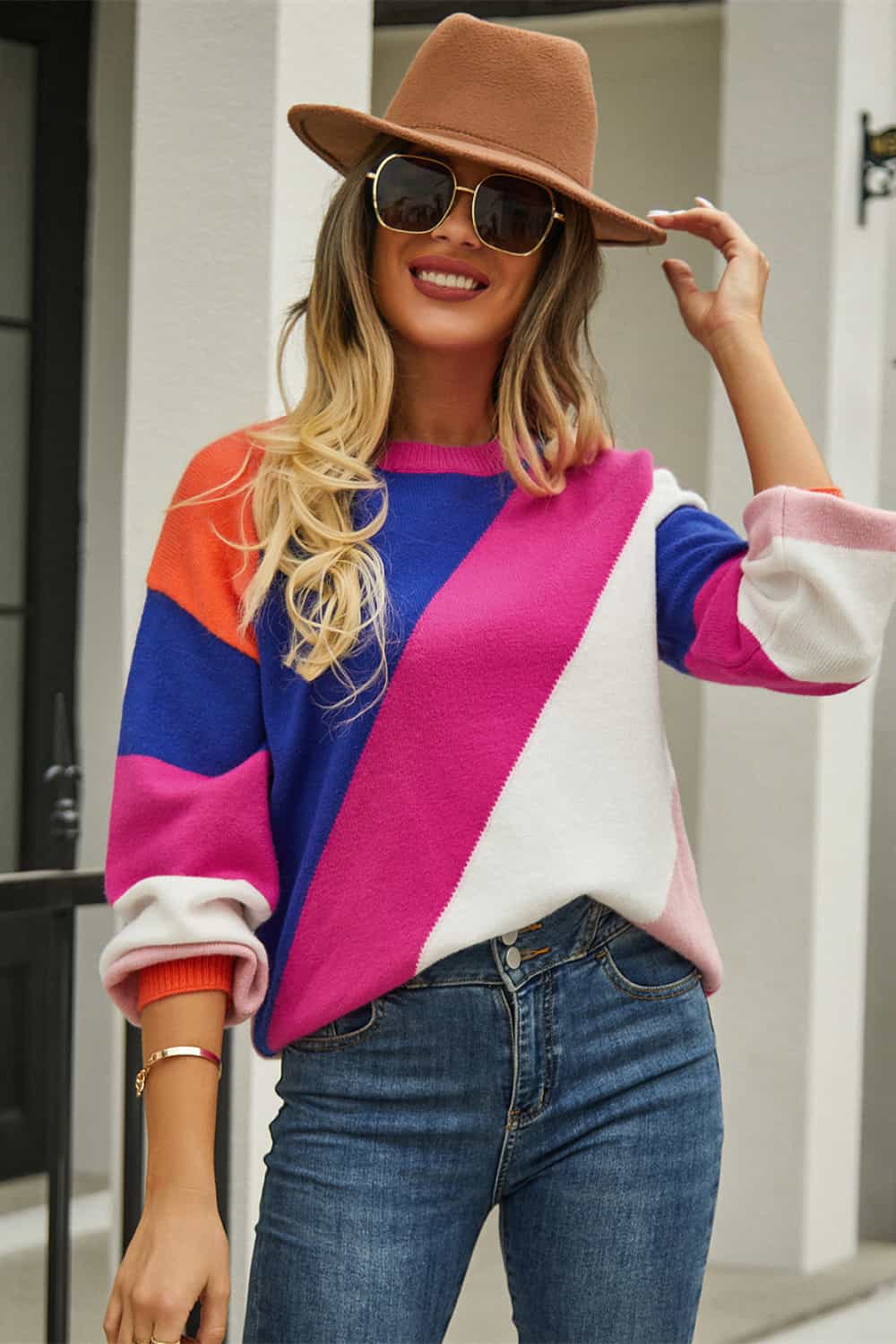 Color Block Round Neck Long Sleeve Sweater - Loulou Boutique